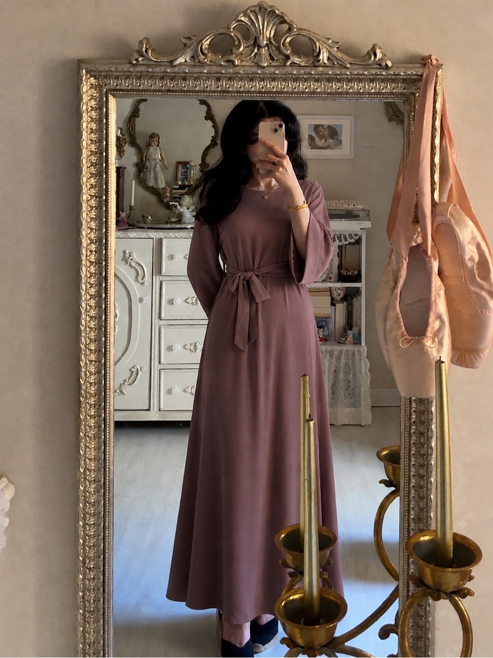 Mauve Long-Sleeve Maxi Dress with Waist Tie